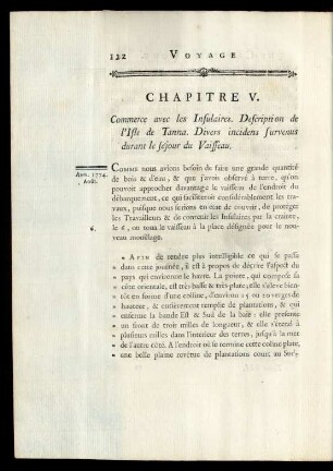 Chapitre V. Commerce avec les Insulaires. Description de l'Isle de Tanna. Divers incidens survenus durant le séjour de Vaisseau.