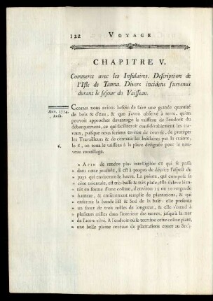 Chapitre V. Commerce avec les Insulaires. Description de l'Isle de Tanna. Divers incidens survenus durant le séjour de Vaisseau.