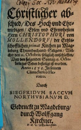 Christlicher Abschied des Christophori von Mollendorff, Thumdechand zu Magdeburg