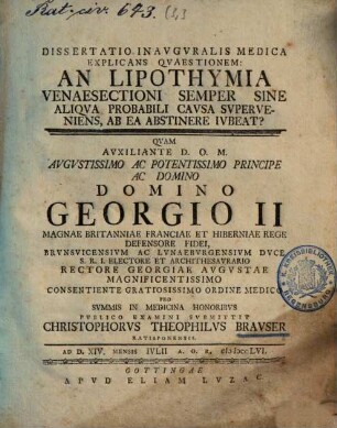 Dissertatio inauguralis medica explicans quaestionem: an lipothymia venaesectioni semper sine aliqua probabili causa superveniens, ab ea abstinere iubeat