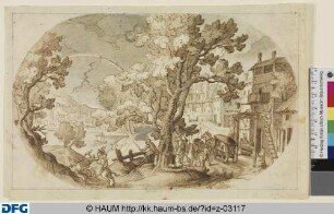 Landschaft mit Stadt am Wasser, Musikanten und Jägern