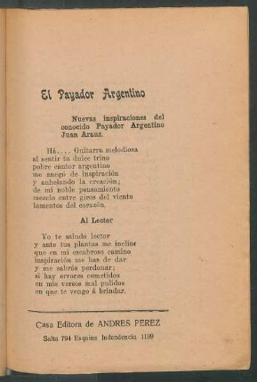 El payador argentino : Nuevas inspiraciones del conocido payador argentino Juan Arauz