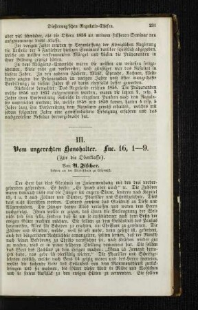 Vom ungerechten Haushalter : Luc. 16, 1 - 9 ; (für die Oberklasse)