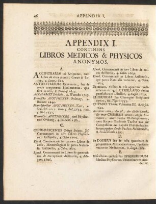 Appendix I. Continens Libros Medicos & Physicos Anonymos
