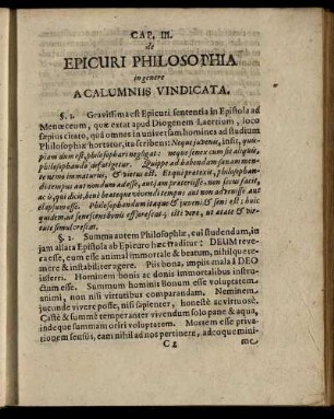 Cap. III. de Epicuri Philosophia in genere A Calumniis Vindicata.