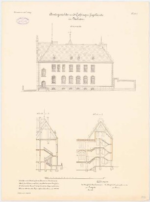 Amtsgericht und Gefängnis, Neheim: Aufriss Seitenansicht, Querschnitt 1:100