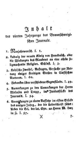 Inhalt des vierten Jahrgangs des Braunschweigischen Journals