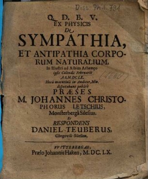 Ex Physicis De Sympathia, Et Antipathia Corporum Naturalium
