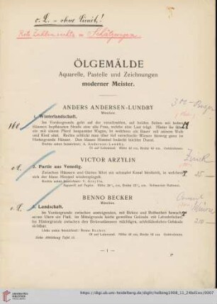 Ölgemälde, Aquarelle, Pastelle und Zeichnungen moderner Meister (Nr. 1-178)