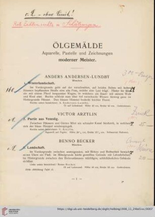 Ölgemälde, Aquarelle, Pastelle und Zeichnungen moderner Meister (Nr. 1-178)