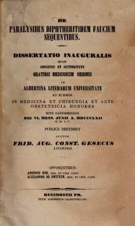 De paralysibus diphtheriti dem faucium sequentibus : Diss. inaug. med.