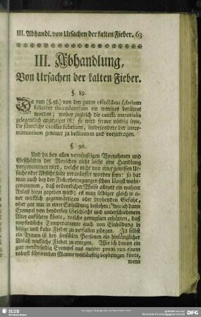 III. Abhandlung, Von Ursachen der kalten Fieber