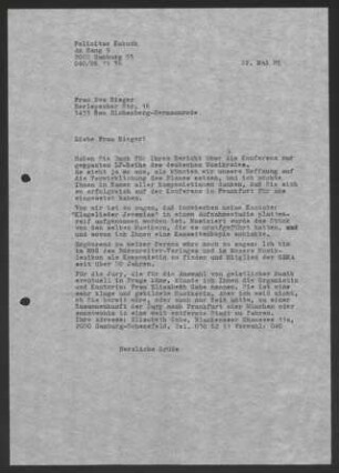 Brief: Felicitas Kukuck an Eva Rieger, 1985