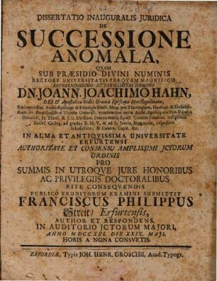 Dissertatio Inauguralis Juridica De Successione Anomala