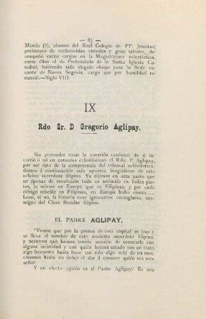 IX. Rdo. Sr. D. Gregorio Aglipay