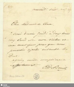23: Brief von Charles-Auguste de Bériot an Clara Schumann - Mus.Schu.23