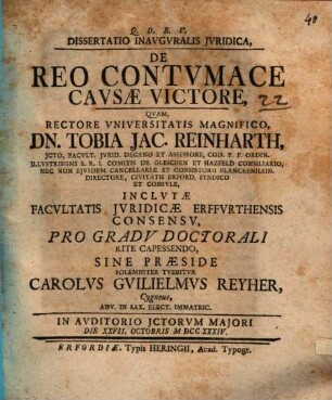 Diss. inaug. iur. de reo contumace causae victore