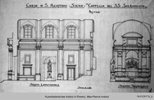 Sant' Agostino, Entwürfe für den Umbau 1947 : Schnitte der Sakramentskapelle vor dem Umbau (Zustand vor 1944)