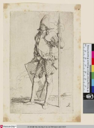 [A standing warrior in elaborate armor, holding a shield and halberd; Stehender Krieger in kunstvoller Rüstung, ein Schild und eine Hellebarde haltend]