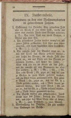 IX. Rechentabelle. Einleitung zu den vier Rechnungsarten in gebrochenen Zahlen.