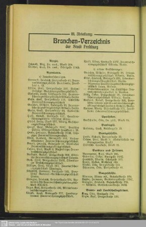 III. Abteilung. Berufsklassen und Gewerbebetriebe : III. Abteilung. Branchen-Verzeichnis der Stadt Frohburg