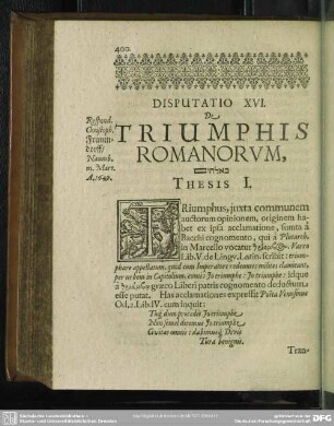 Disputatio XVI. De Triumphis Romanorum
