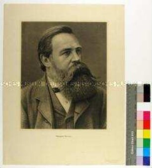 Reproduktion eines Porträts des Philosophen und Gesellschaftstheoretikers Friedrich Engels nach einer unbekannten Fotografie (in russischer Sprache betitelt)