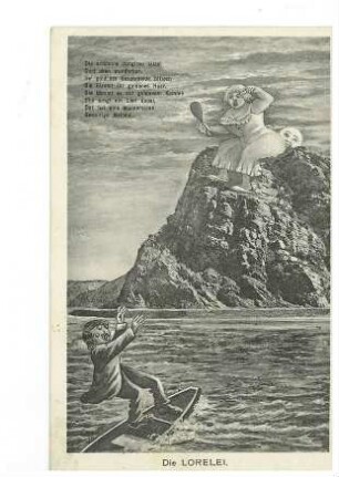 Loreley auf dem Felsen, im Vordergrund ein in den Rhein stürzender Mann in einem Boot - Humorkarte