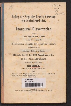 Beitrag zur Frage der direkten Vererbung von Geisteskrankeiten