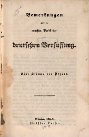 Bemerkungen über die neuesten Vorschläge zur deutschen Verfassung