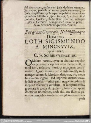 Perquam Generoso, Nobilissimoque Domino Loth Sigismundo A Minckwiz, Equiti Lusato, C.S. Schurzfleischius