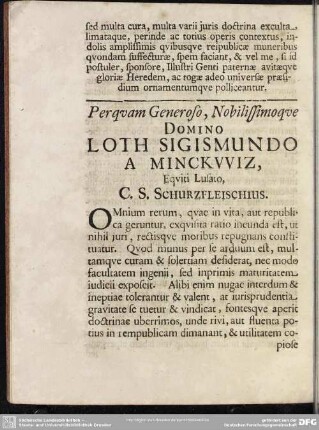 Perquam Generoso, Nobilissimoque Domino Loth Sigismundo A Minckwiz, Equiti Lusato, C.S. Schurzfleischius