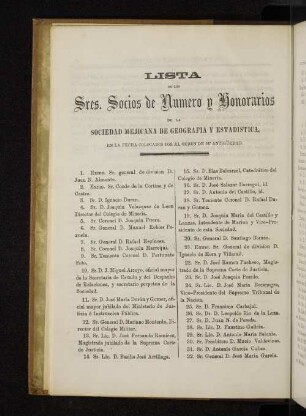 Lista de los Sres. Socios de Numero y Honorarios de la Sociedead Mejicana de Geografia y Geografia y Estadistica, en la Fecha Colocadoa por el Orden de su Antigüedad.