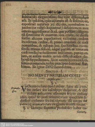 Sectio I. Nomen Et Naturam Coeli explicans