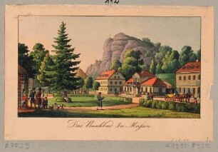 Die Kaltwasser-Heilanstalt Buschbad (Meißen-Buschbad) unterhalb des Götterfelsens im Triebischtal südwestlich von Meißen, wahrscheinlich aus "Die Stadt Meißen", 1829 von Paul Reinhard