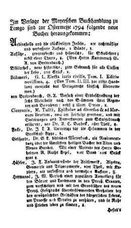 Im Verlage der Meyerschen Buchhandlung zu Lemgo sind zur Ostermesse 1794 folgende neue Bucher herausgekommen