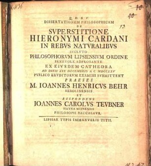 Dissertationem Philosophicam De Svperstitione Hieronymi Cardani In Rebvs Natvralibvs