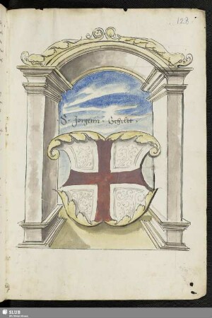 [Wappen des St.-Jörgen-Schilds unter Arkade]