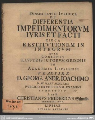 Dissertatio Iuridica De Differentia Impedimentorum Iuris Et Facti Circa Restitutionem In Integrum