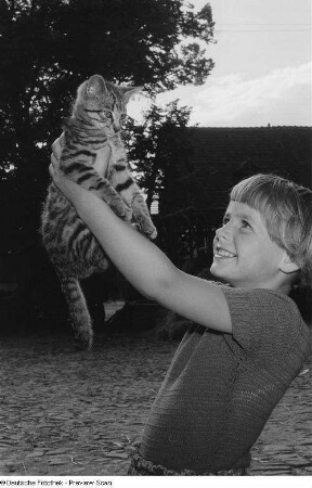 Porträt eines Mädchens auf einem Bauernhof beim Spielen mit einer Katze
