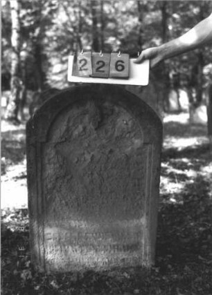 Grabstein 226 (Index: 99609862) Material: Sandstein Zustand: stark verwittert, fast vollständiger Textverlust Maße HxBxT: 93x59x9 cm Beschreibung: Stele, Segmentbogenabschluß, Schriftfeld eingetieft mit eingezogenem Rundbogenabschluß: Grabstein 226
