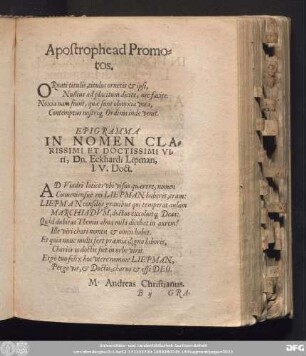 Epigramma In Nomen Clarissimi Et Doctissimi Viri, Dn. Eckhardi Lipman, I. U. Doct.