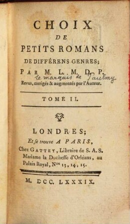 Choix De Petits Romans De Différens Genres, 2
