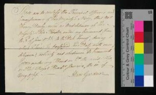 Zertifikat dass Henry Darby als Mittelschiffsmann (unterster Rang eines Seeoffiziers) an Bord der 'Preston' war