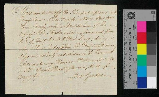 Zertifikat dass Henry Darby als Mittelschiffsmann (unterster Rang eines Seeoffiziers) an Bord der 'Preston' war