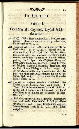 Sectio I. Libri Medici, Chymici, Physici & Mathematici.