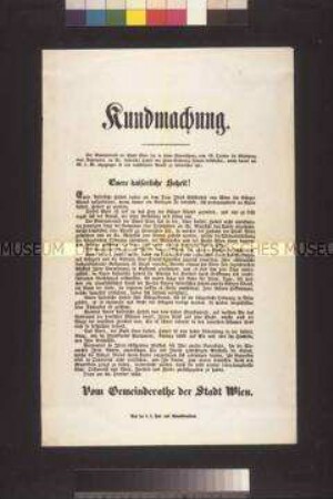 Maueranschlag: Der Gemeinderat von Wien gibt der Bevölkerung der Stadt die von einer Abordnung des Gemeinderates an den Reichsverweser Erzherzog Johann überbrachte Adresse bekannt; Wien, 20. Oktober 1848