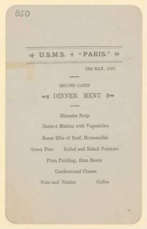 Menükarte : Diner Menü, U.S.M.S. Paris