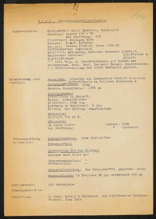 Schlosstheater Schönbrunn: Schriftstück zum Fragebogen für das Handbuch »Das Deutsche Theater«