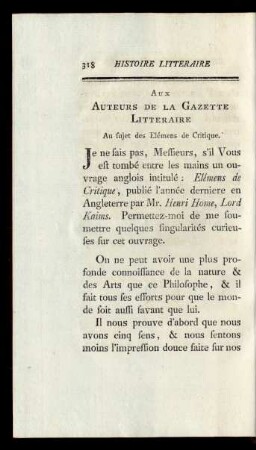 Aux Auteurs de la Gazette Litteraire au sujet de Elémens de Critique.